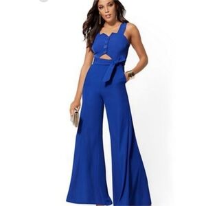 NEW NY&Co Royal Blue Wide Leg Jumpsuit Cutout Waist Tie Belt Gabrielle Union XXL
